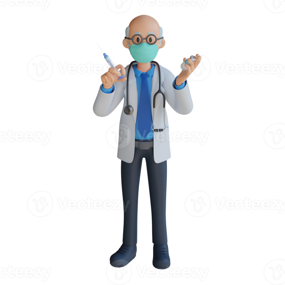 médico masculino usando uma máscara segurando a ilustração de personagem 3d de injeção png