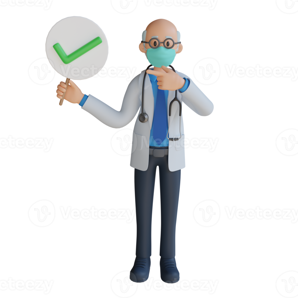 Male doctor wearing a mask presenting with the board 3d character illustration png