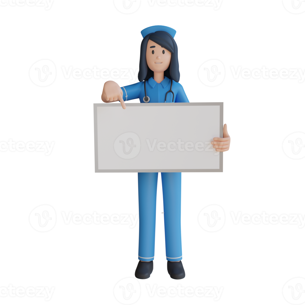 verpleegster Holding een blanco wit bord 3d karakter illustratie png