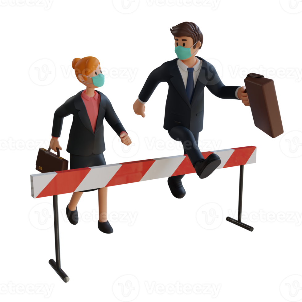 Businessmen and women running over obstacles character wearing mask 3d character illustration png