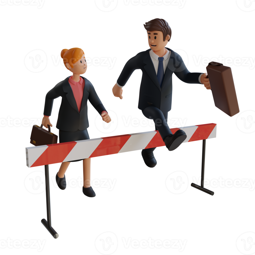 Businessman and woman running over obstacles character 3d character illustration png