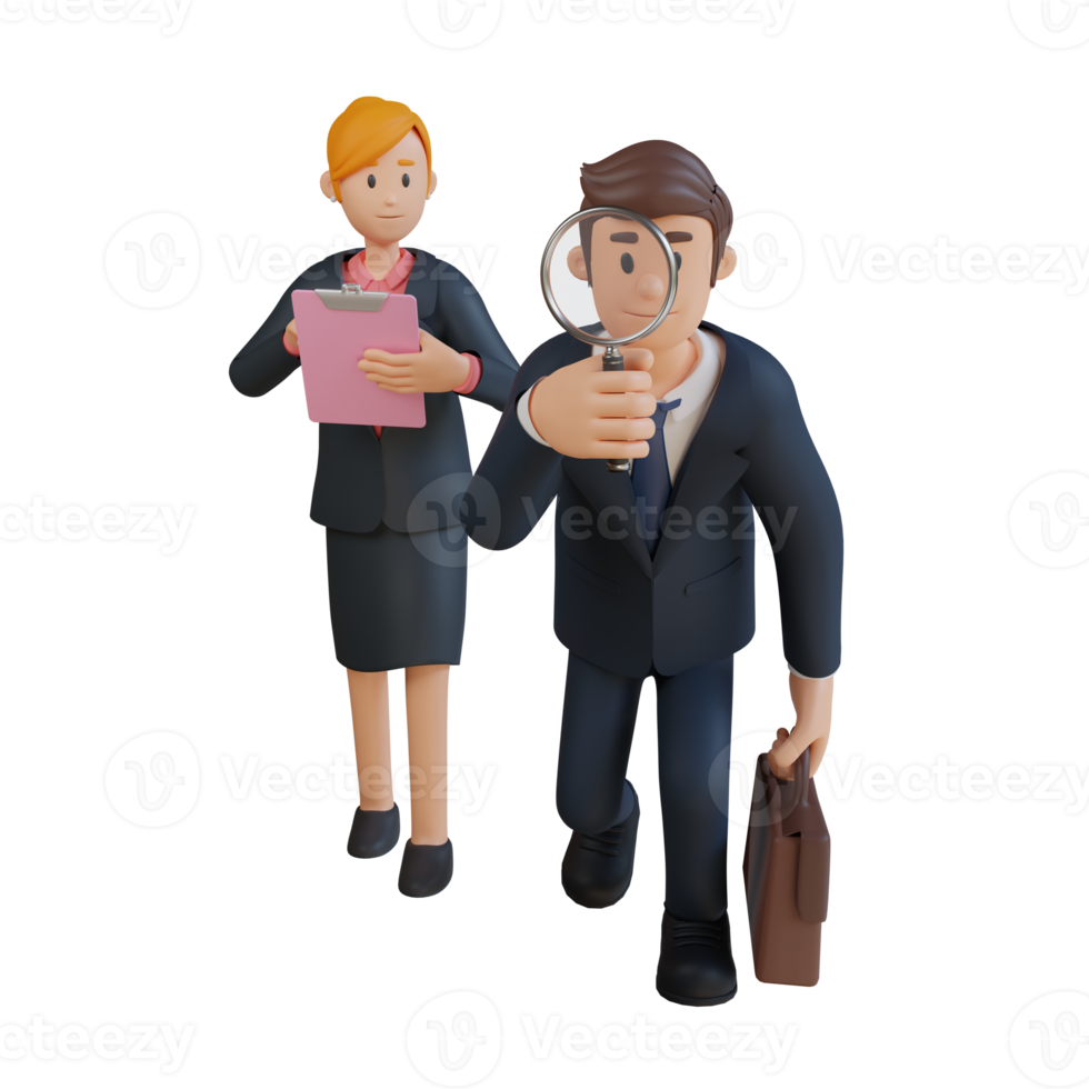 Businessman and women looking for a solution character 3d character illustration png