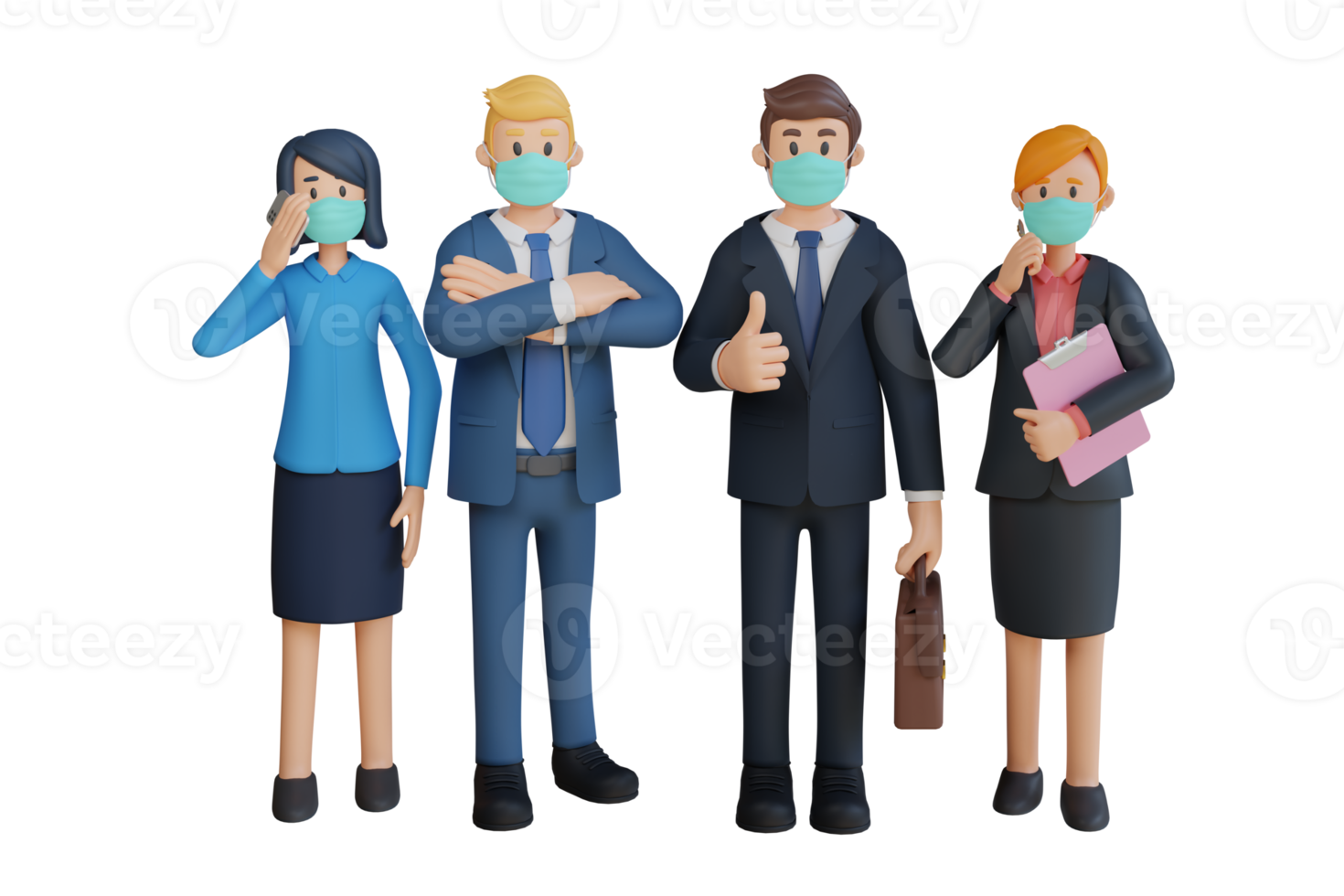 Business man and woman standing side by side character wearing mask 3d character illustration png