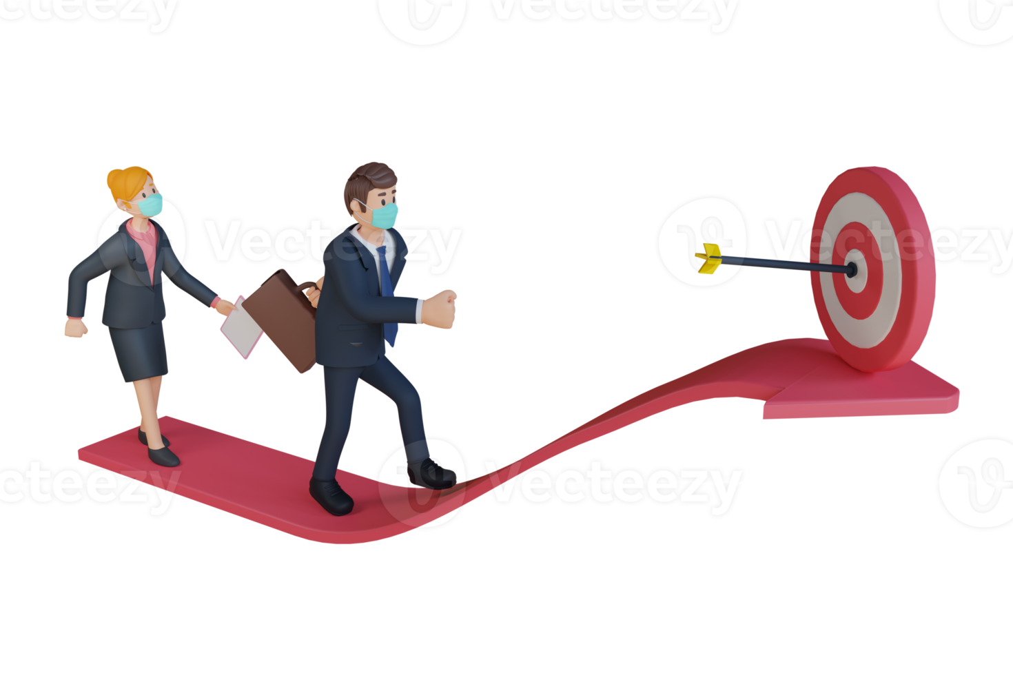 Businessman and woman running towards the target character wearing mask 3d character illustration png