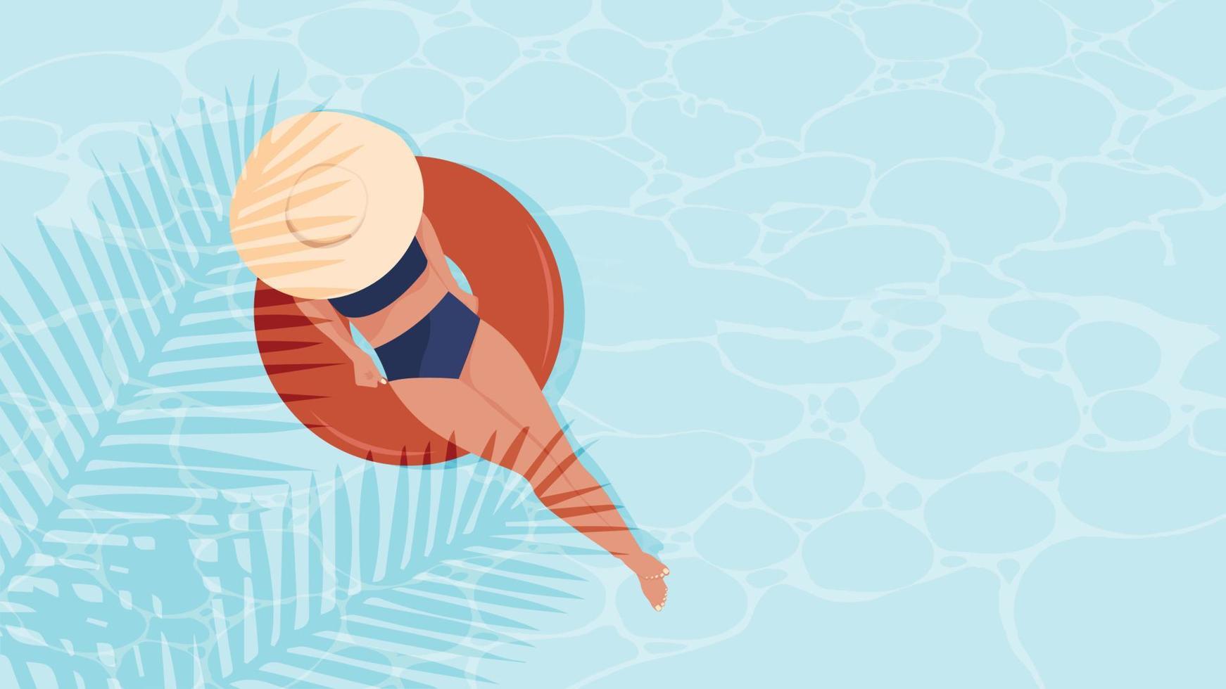 Woman relaxing, sunbathing on a swimming lap in the pool, enjoying summer and warmth. Vector illustration