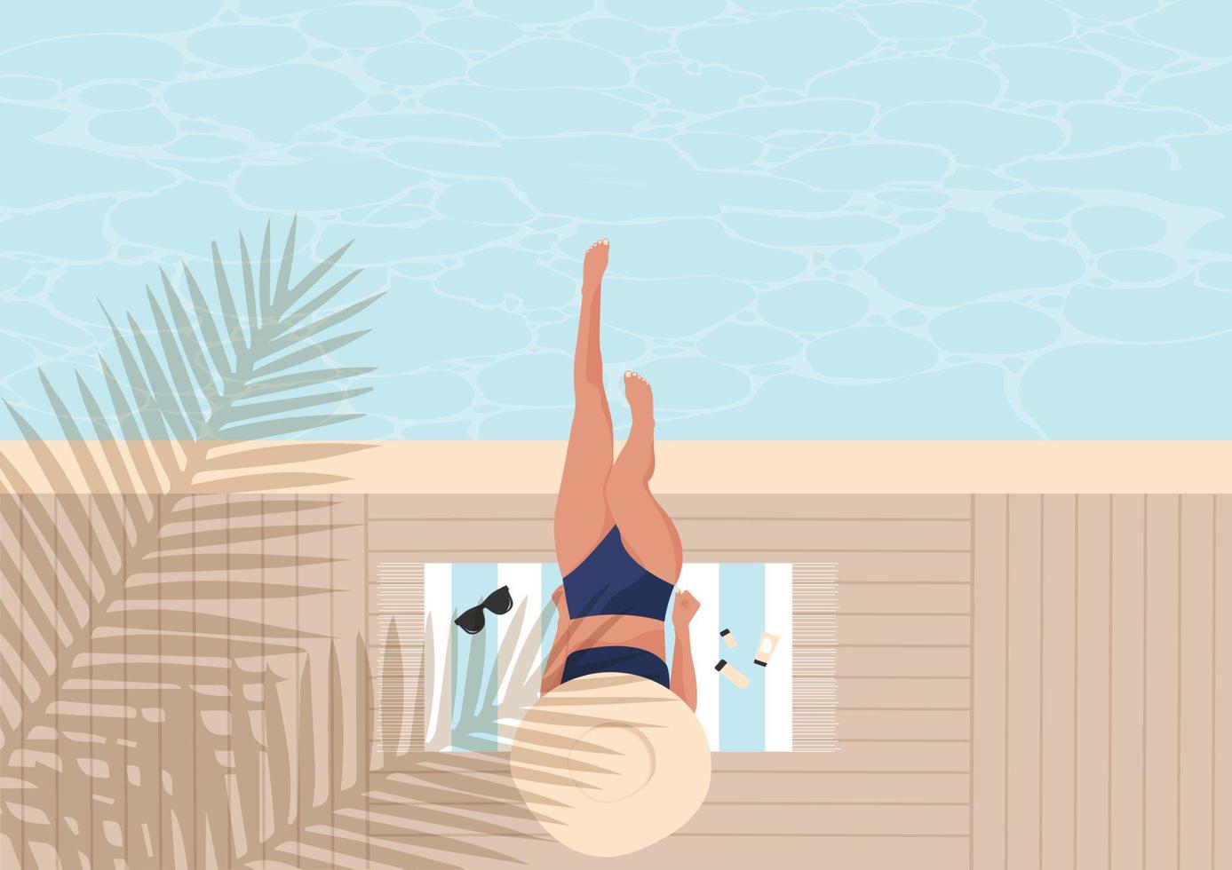 fiesta en la piscina banner vector ilustración plana. chica en traje de baño descansando junto a la piscina, tomando el sol.