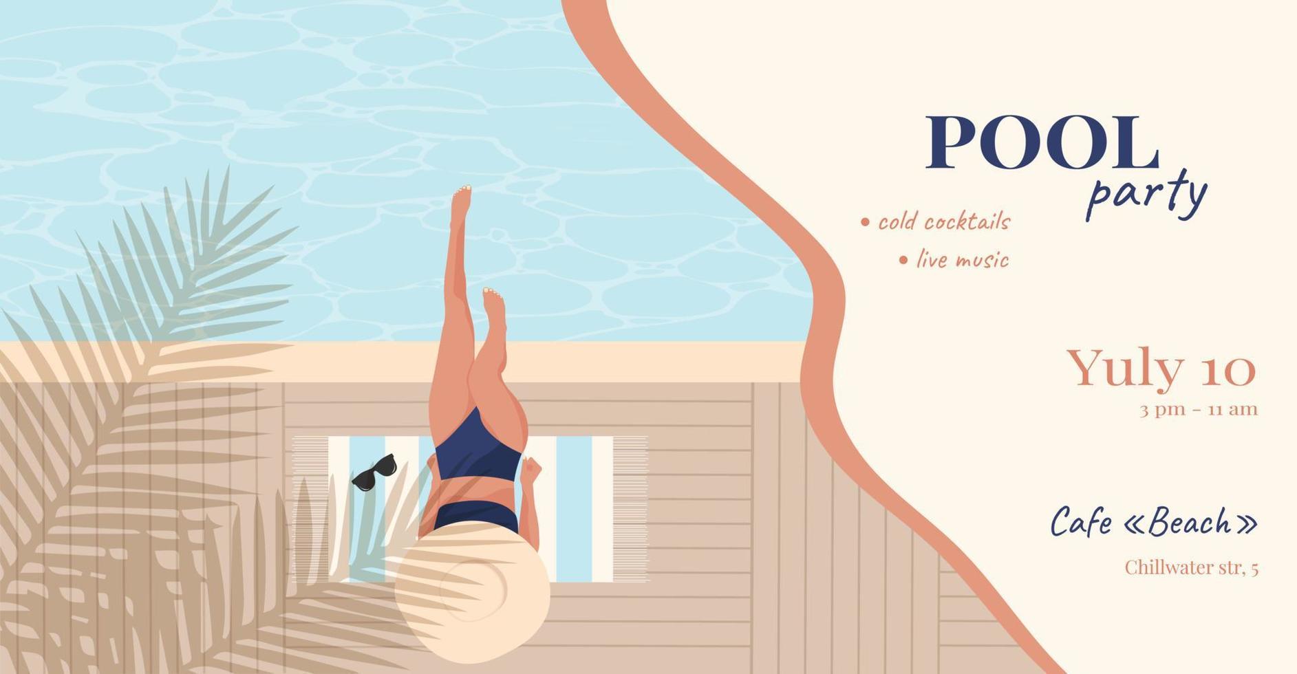 Promo banner for a pool party with space for text. Girl in swimming costume relaxing, sunbathing, enjoying her holiday. Vector