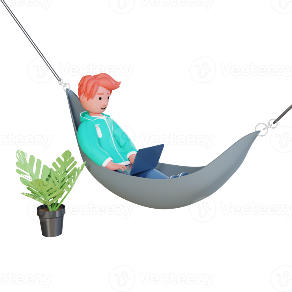A man is working with laptop high quality 3d render work from home illustration png
