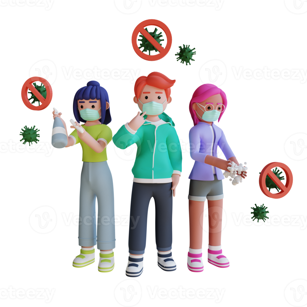 Self protection from corona virus hand washing wearing mask 3d illustration rendering png