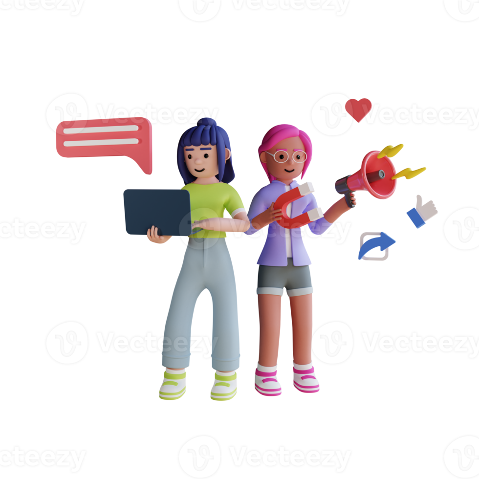 Online marketing team social media sales illustration 3d rendering png