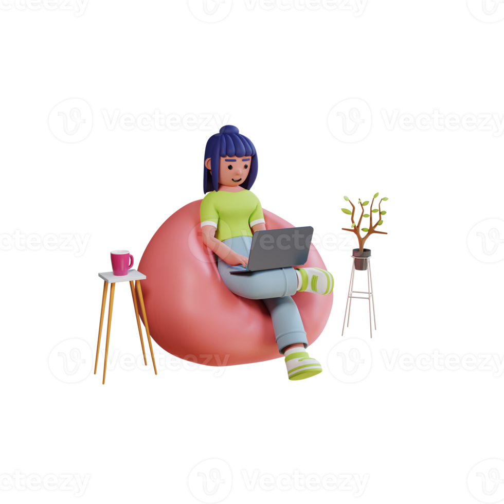 A girl is working with laptop high quality 3d render work from home illustration png