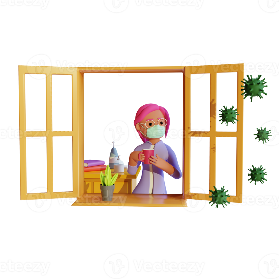 Self isolation girl standing by the window corona virus 3d illustration rendering png