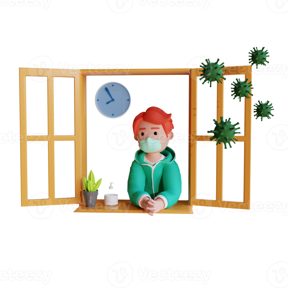 Self isolation boy standing by the window corona virus 3d illustration rendering png