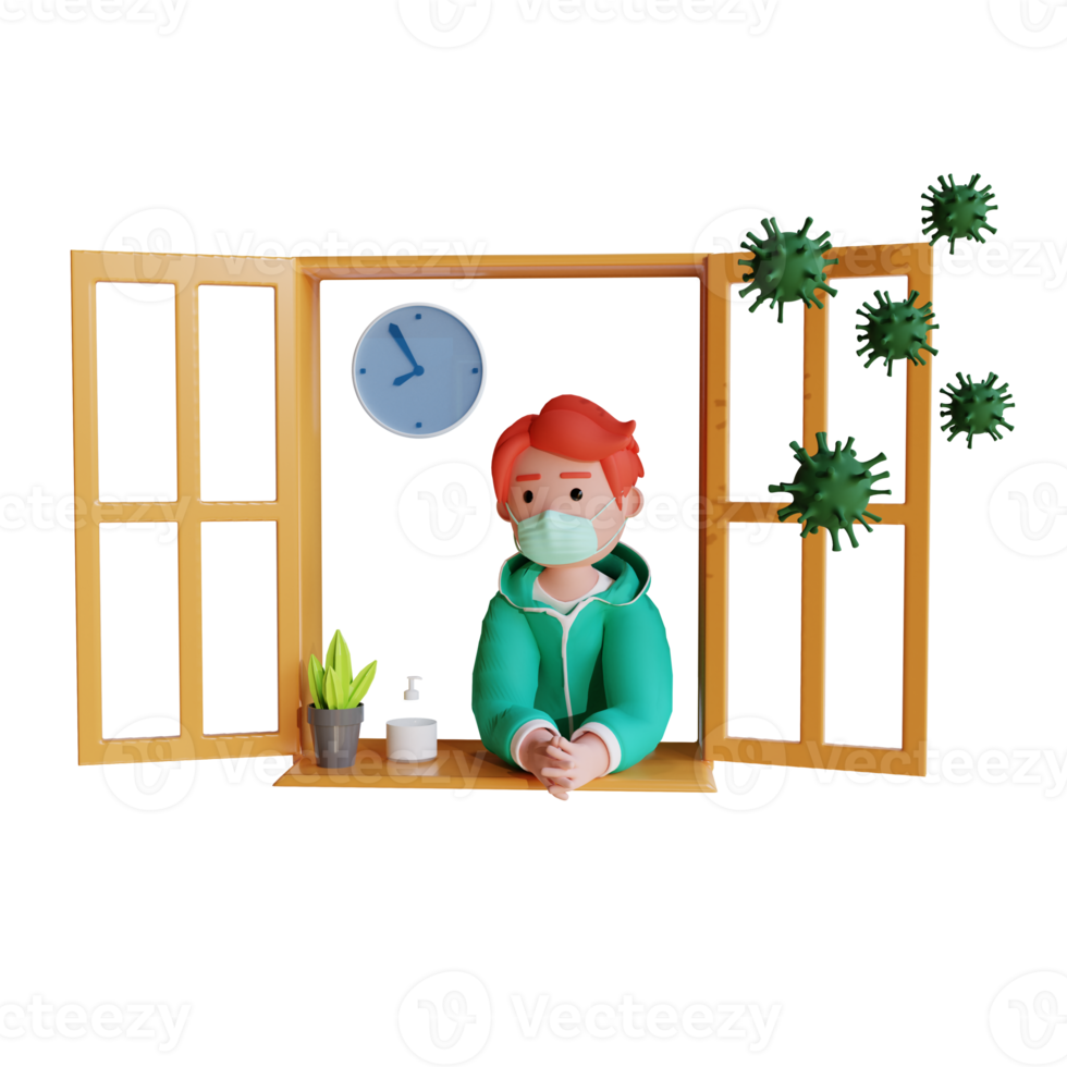 autoaislamiento niño de pie junto a la ventana corona virus 3d ilustración renderizado png