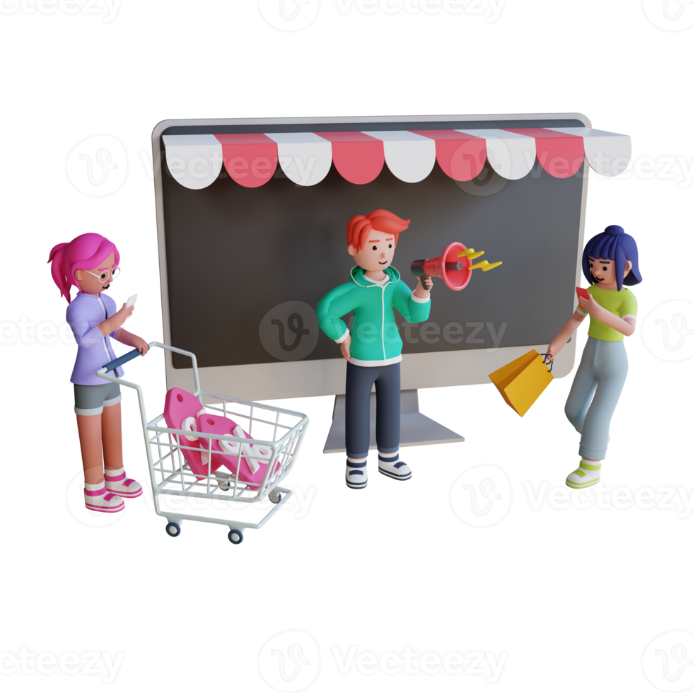 3d character modeling digital marketing online shoping illustration png