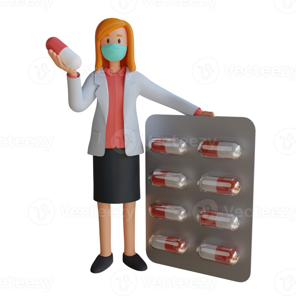 Doctora 3d con una máscara sosteniendo una ilustración de diseño de personajes de tableta de medicina png