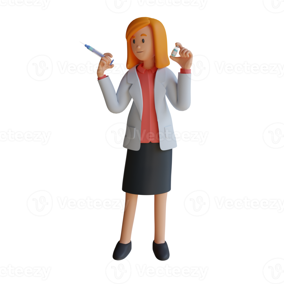 3d female doctor holding vaccine injection character illustration png