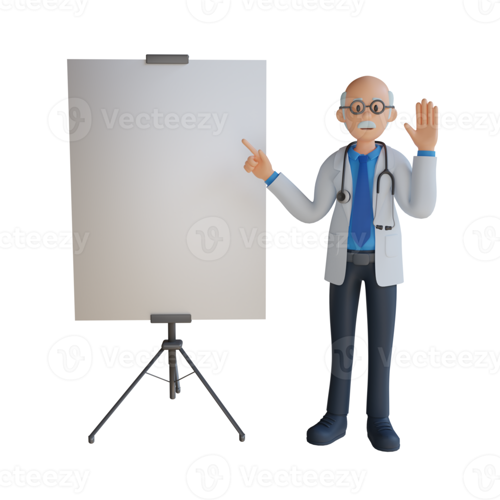 médico sênior 3D apresentando com a ilustração de personagem de placa png