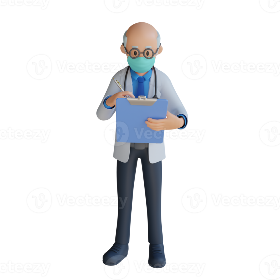 3d male senior doctor wearing a mask holding a list and thinking character design illustration png