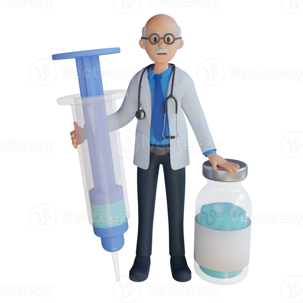 3d senior doctor carrying a large vaccine injection character illustration png