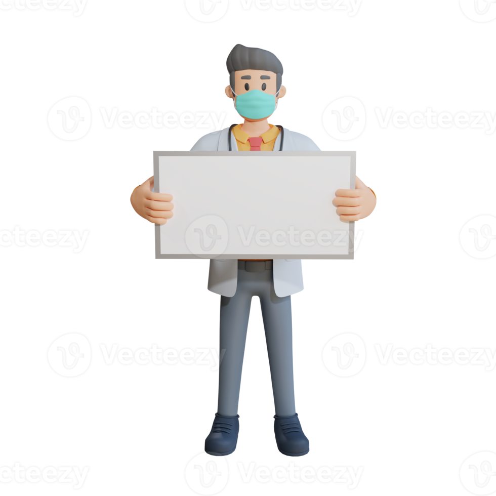 3d male doctor with mask holding a blank white board character illustration png