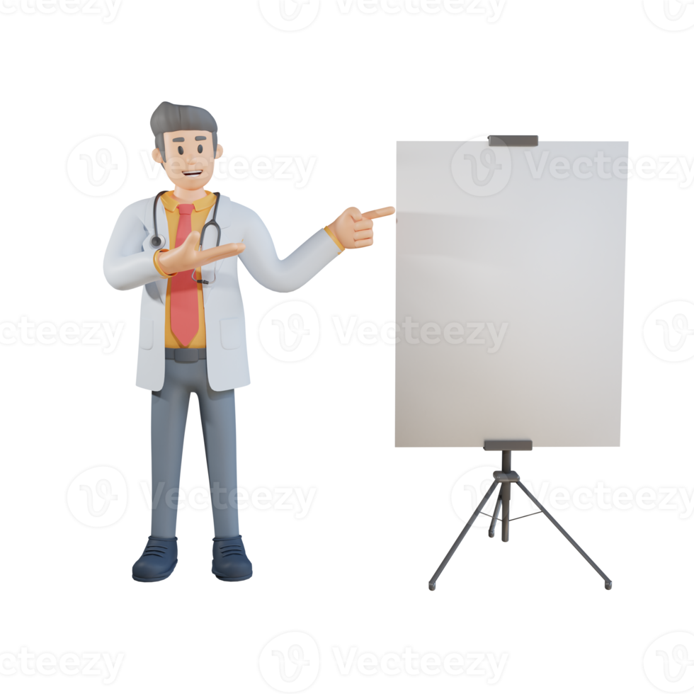 3d male doctor presenting with the board character illustration png