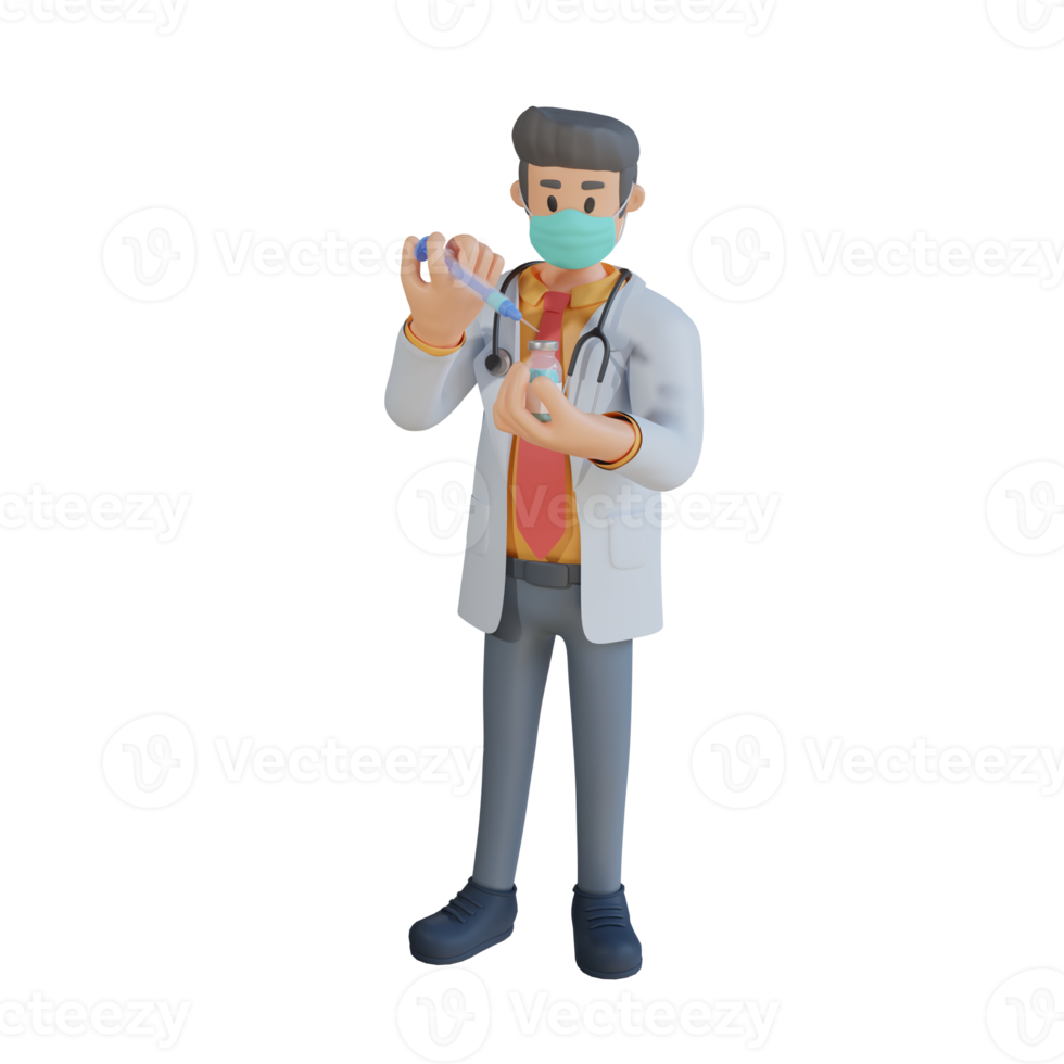 3d médico masculino usando uma máscara segurando uma ilustração de design de personagem de injeção de vacina png