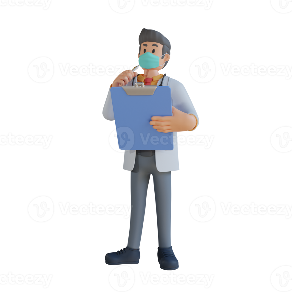 3d male doctor wearing a mask holding a list and thinking character design illustration png
