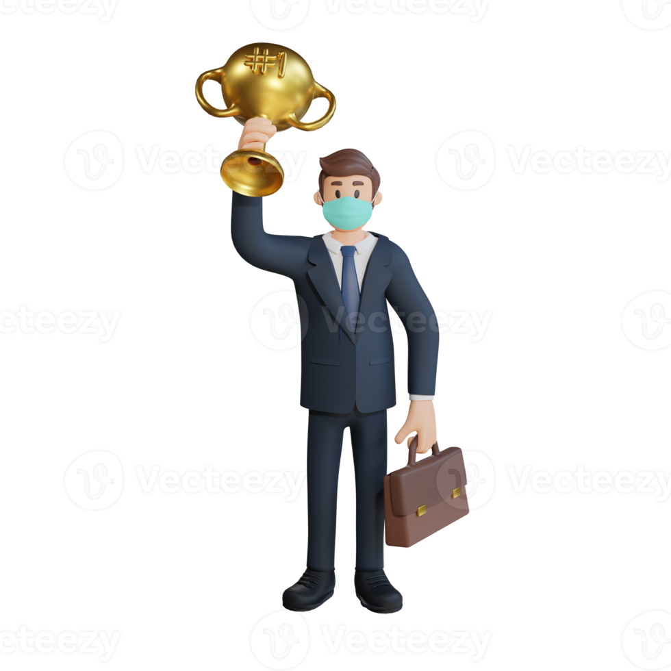 Business man wearing a mask lifting a trophy character illustration 3d rendering png