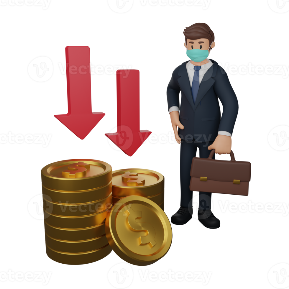 Businessman wearing masks are sad with the decline in the exchange rate character illustration 3d png