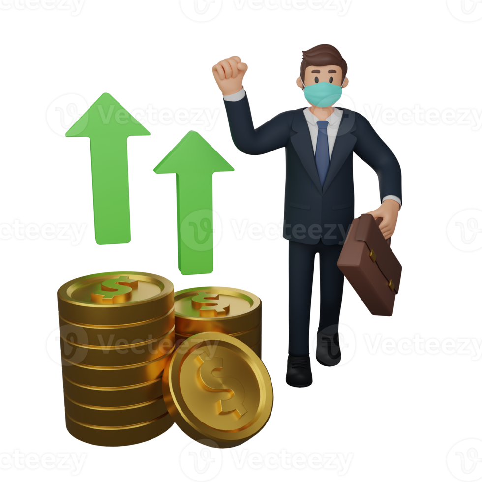 Businessman wearing masks are happy with the rise in the exchange rate illustration 3d rendering png