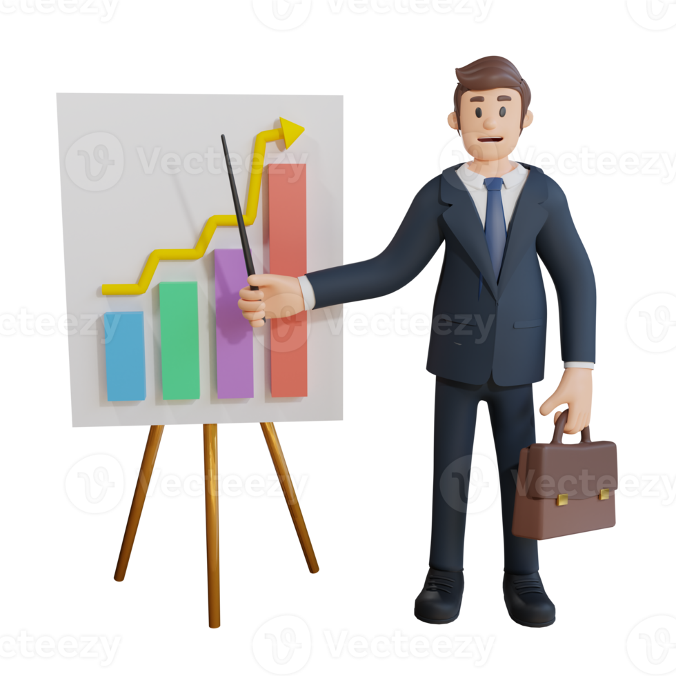 Businessman presenting up chart character 3d character illustration png