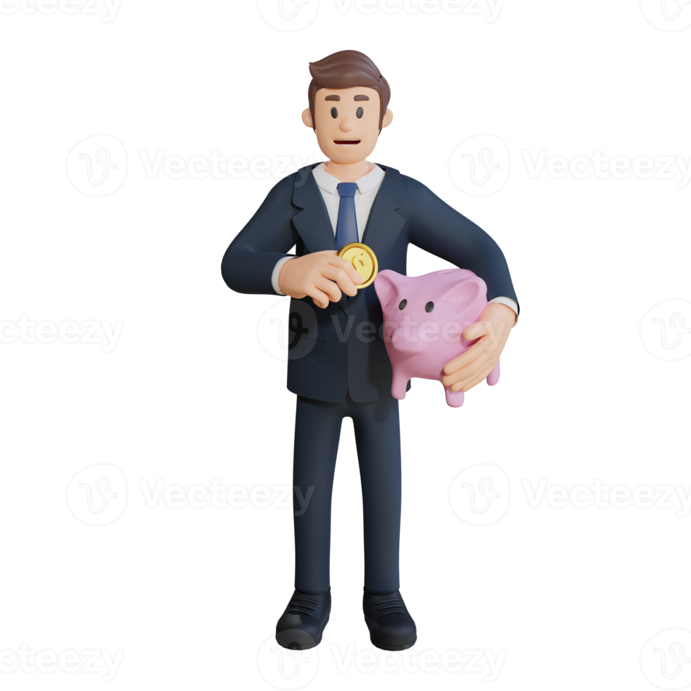 Businessman saving pennies character 3d character illustration png