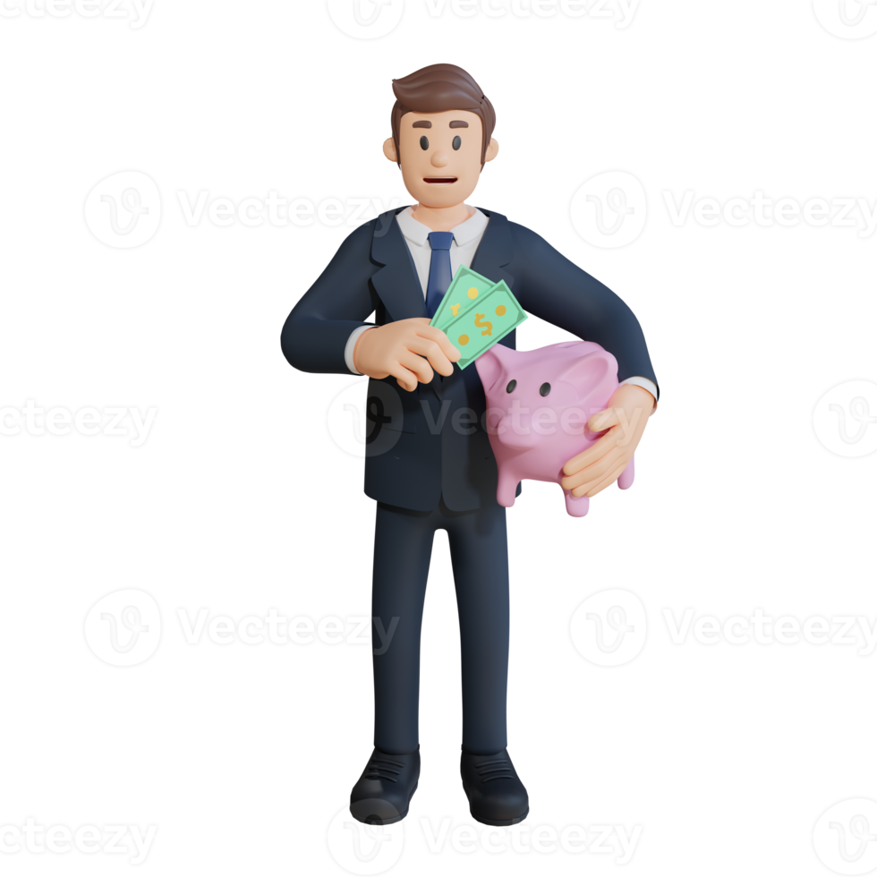 Businessman saving paper money character 3d character illustration png