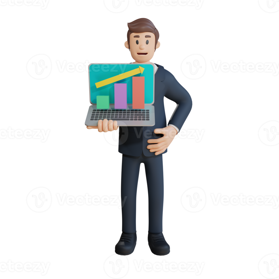 Businessman showing chart on laptop character 3d character illustration png