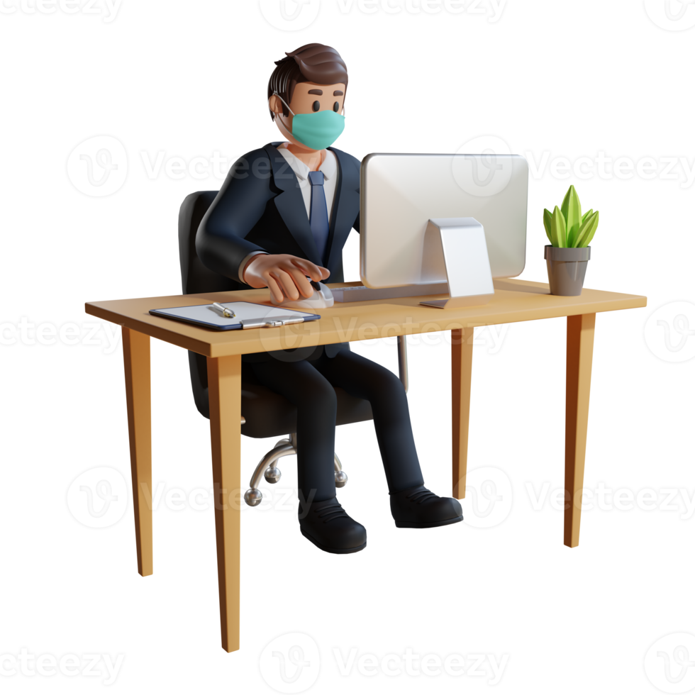 Business man wearing a mask working at his desk character illustration 3d rendering png