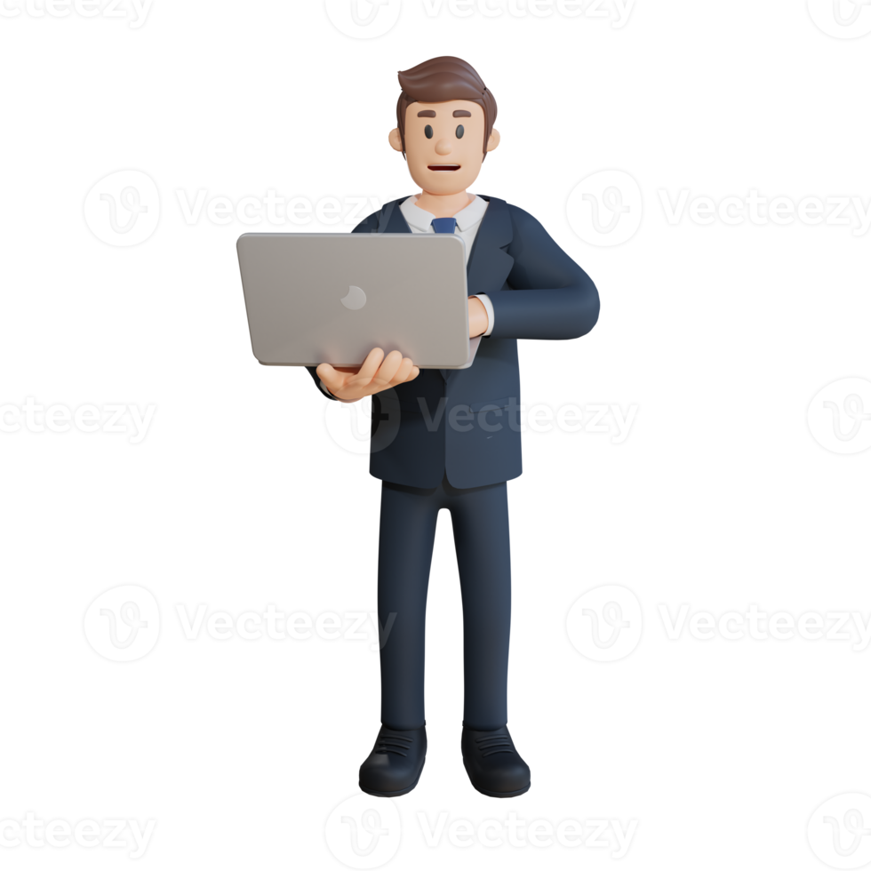 Businessman using laptop character 3d character illustration png