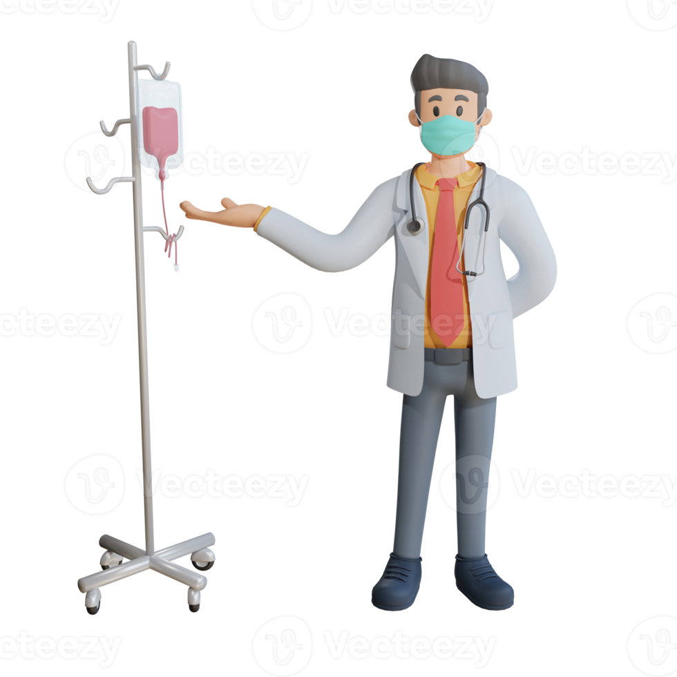 Male doctor wearing a mask with infusion pole 3d character illustration png
