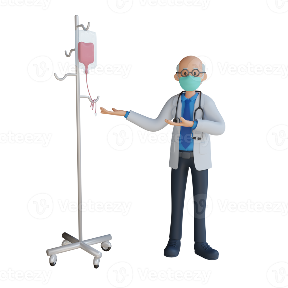 Male doctor wearing a mask with infusion pole 3d character illustration png