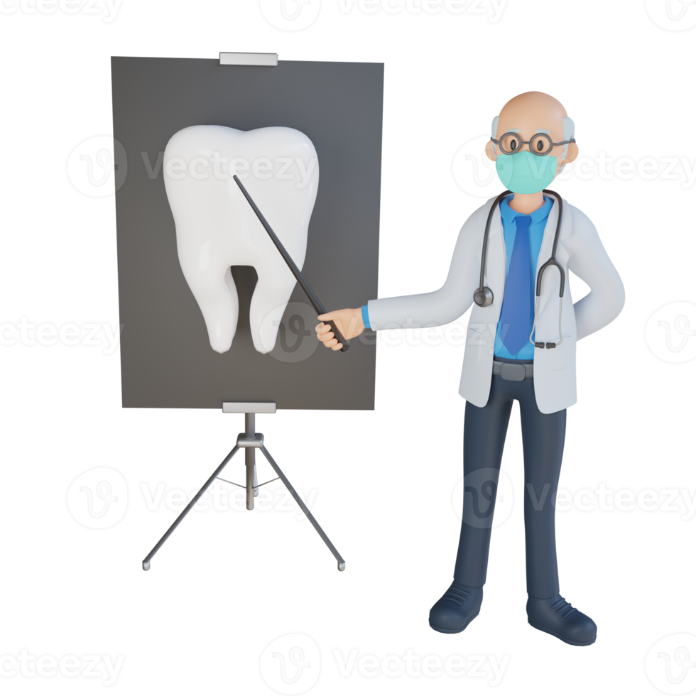 Male doctor wearing a mask presenting with the board 3d character illustration png