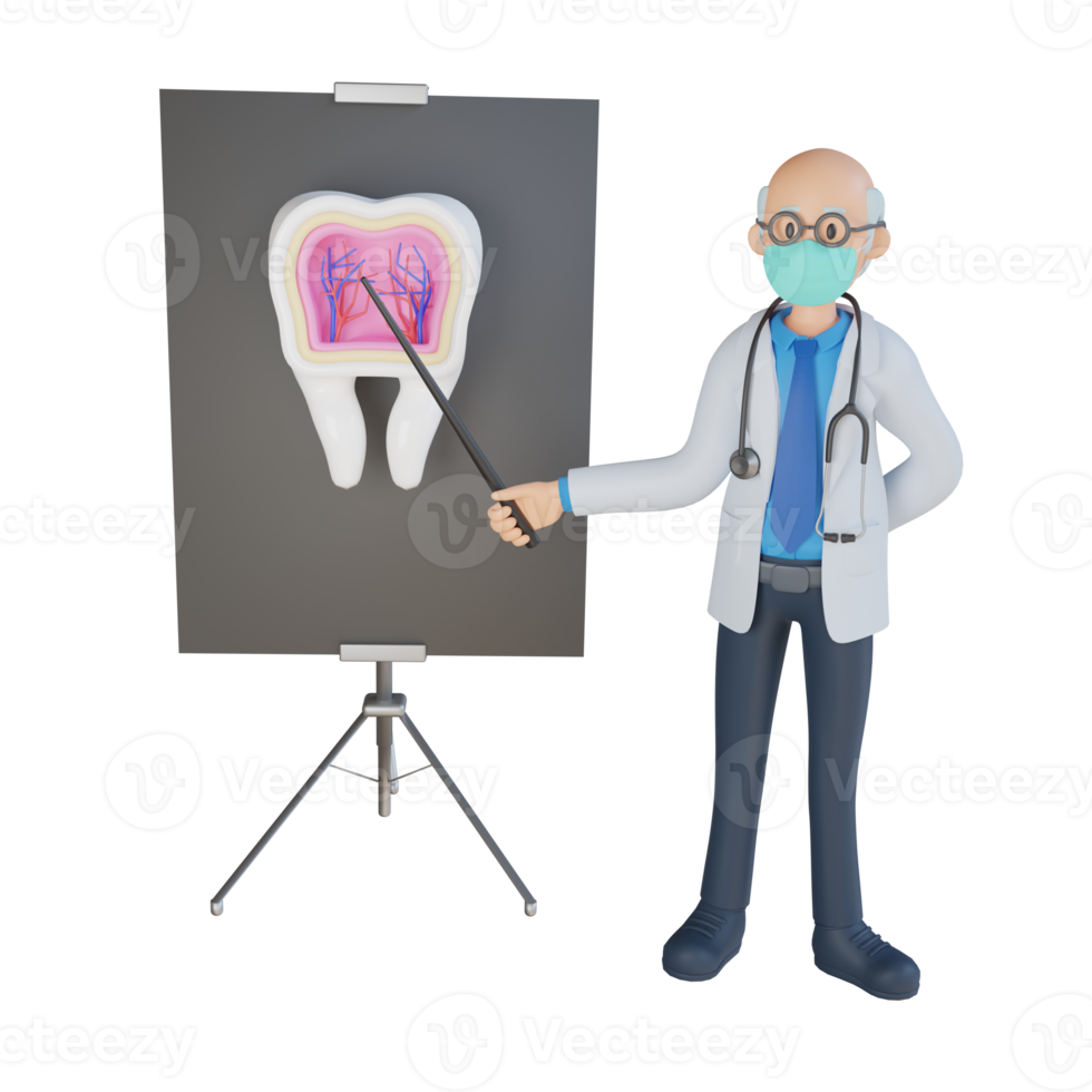 Male doctor wearing a mask presenting with the board 3d character illustration png