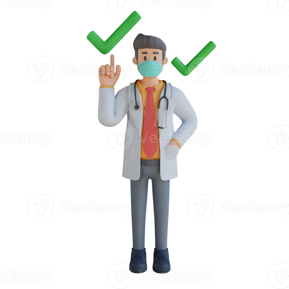 Male doctor wearing a mask presenting with the board 3d character illustration png