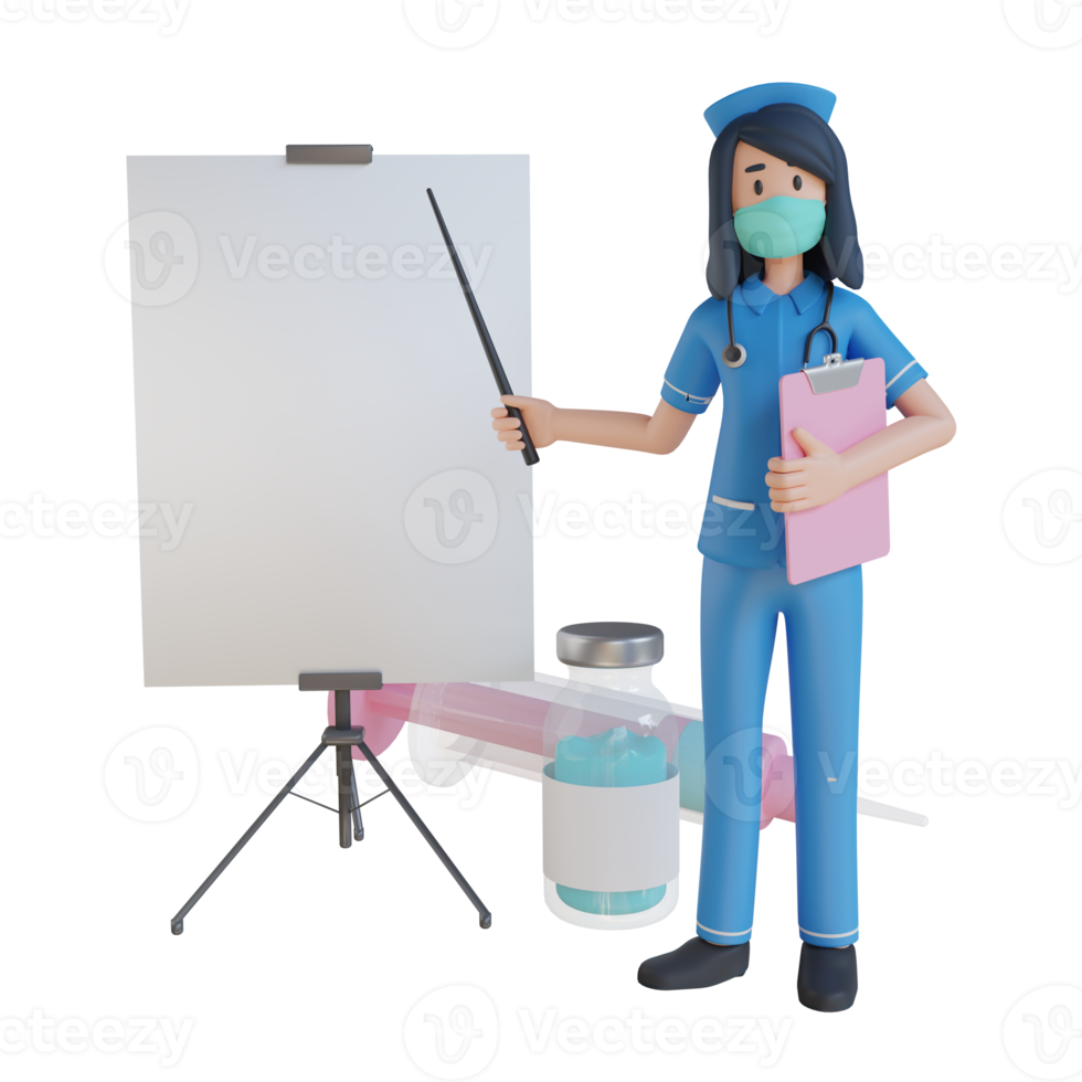 infirmière porter un masque expliquer le vaccin avec un tableau blanc vierge illustration de personnage 3d png