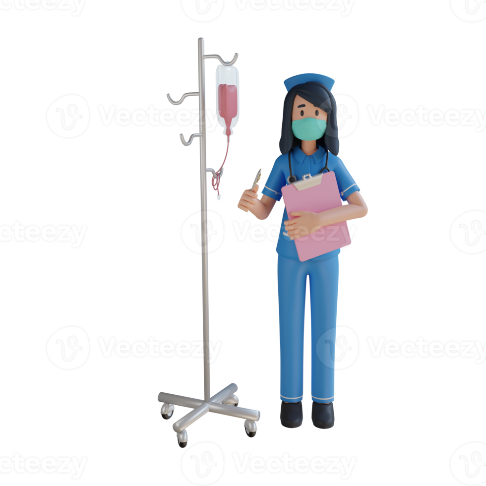 Nurse wearing a mask standing near the infusion pole 3d character illustration png