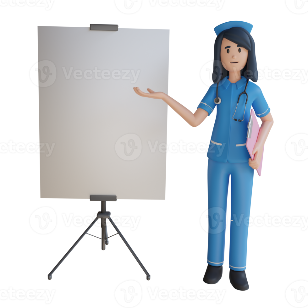 Nurse explain with a blank white board 3d character illustration png