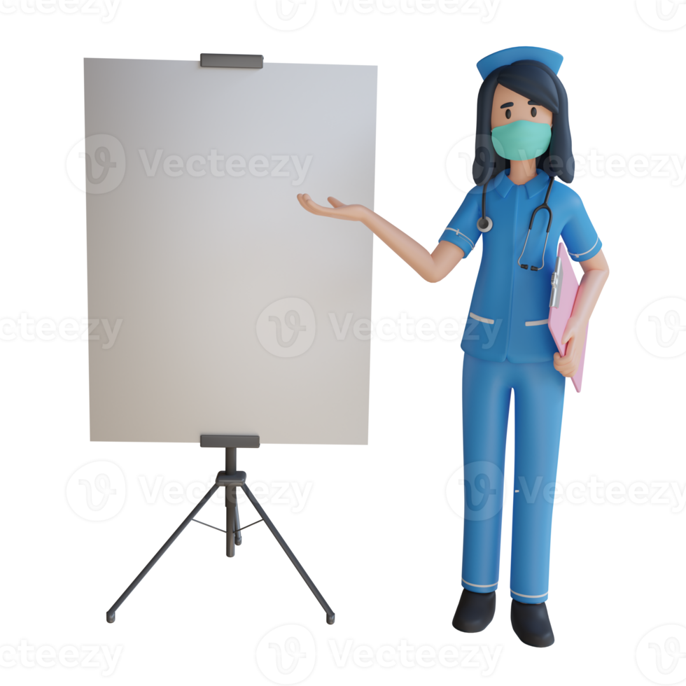 krankenschwester tragen maske erklären mit einer leeren weißen tafel 3d-charakterillustration png