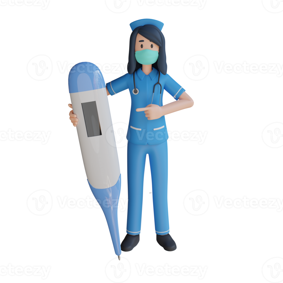 Nurse wear mask holding big thermometer 3d character illustration png
