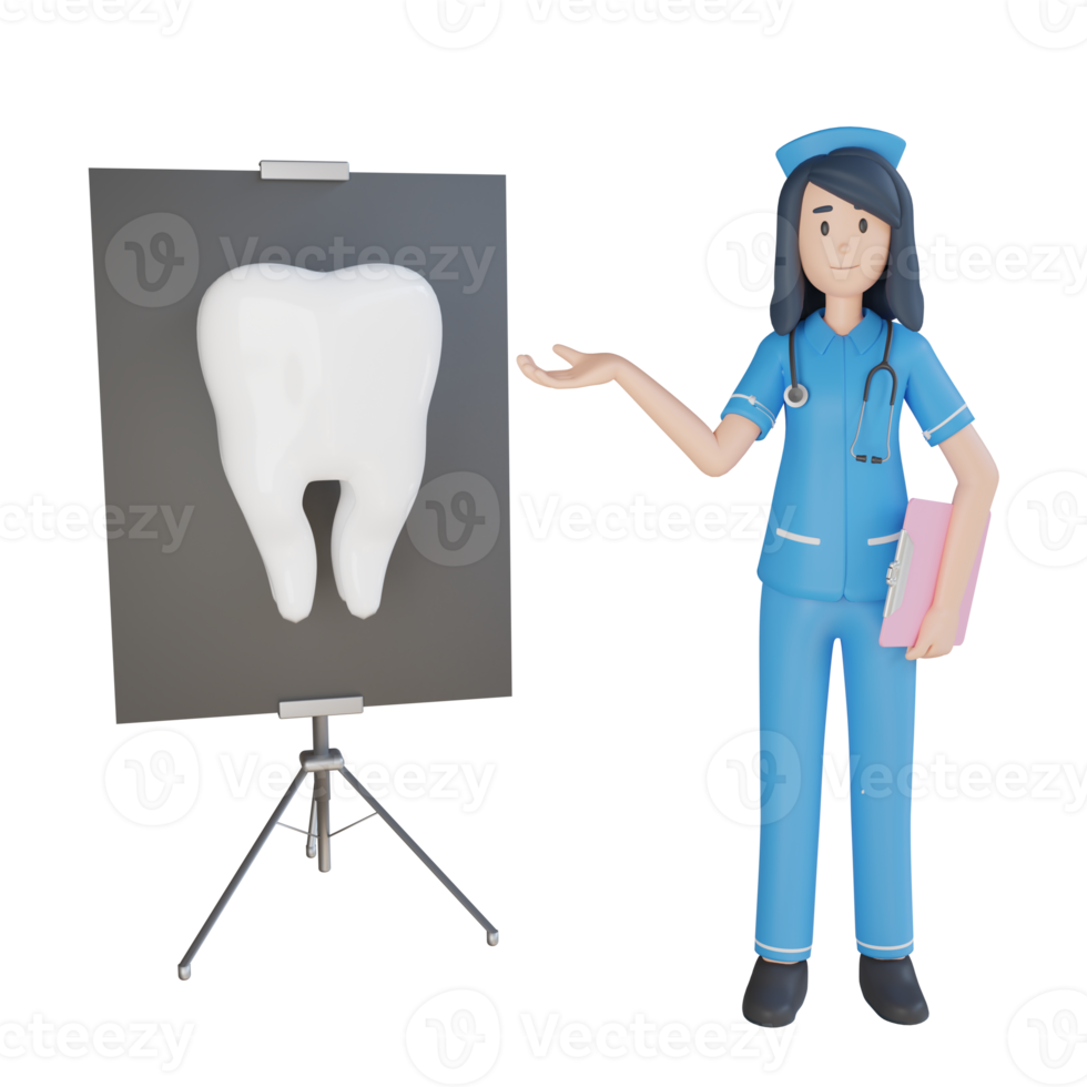 Nurse describe the outside of the tooth 3d character illustration png