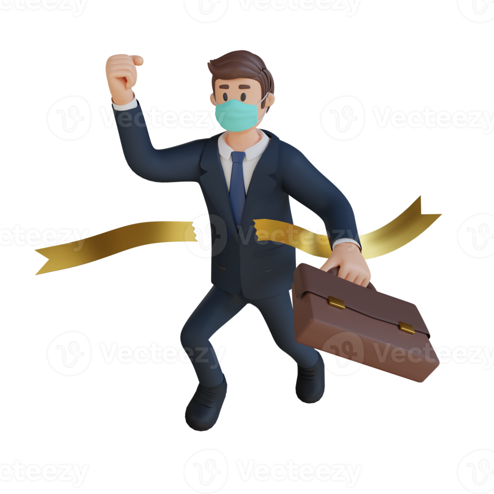 Businessman running to the finish line wearing mask 3d character illustration png