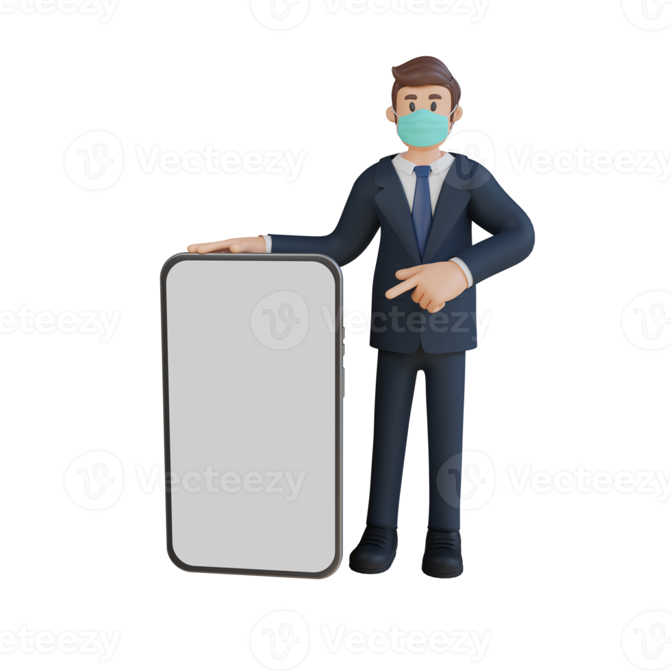 Business man standing with a blank screen smartphone character wearing mask 3d character illustration png